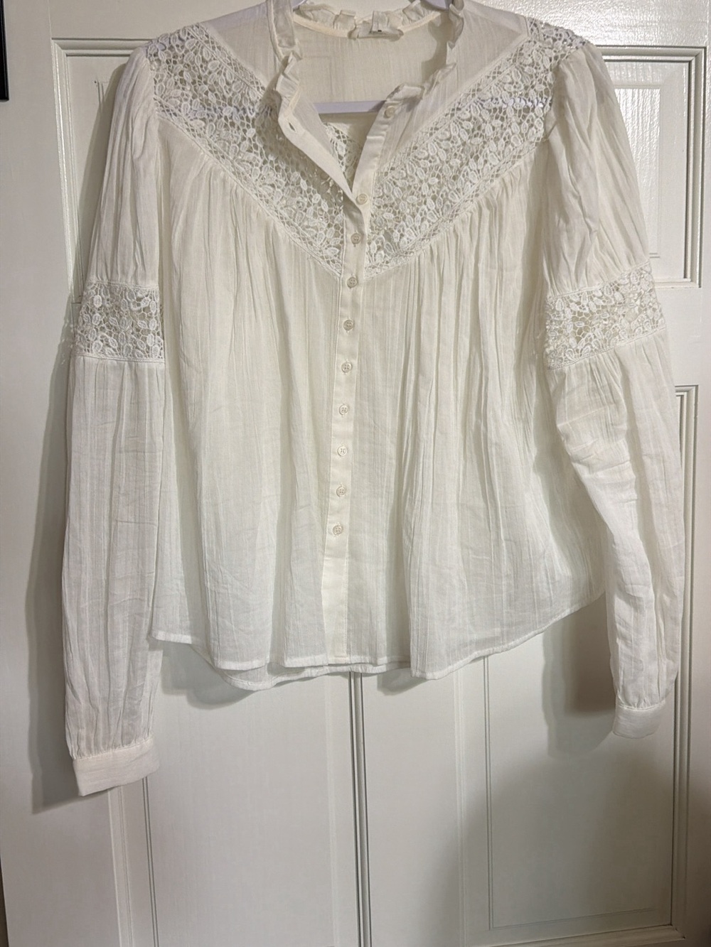 White Lace Yoke Peasant Button-Up Blouse